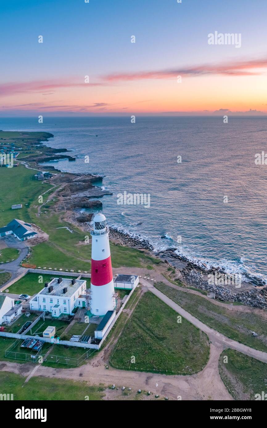 UK, England, Dorset, Portland Bill, Portland Bill Lighthouse, Sunrise (Drone) Stock Photo