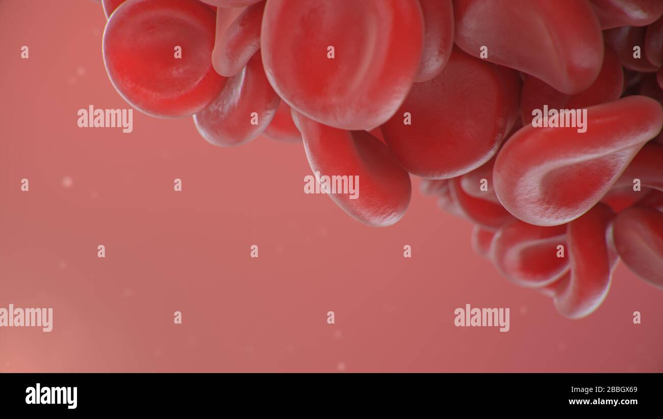 3d illustration of red blood cells background, blood clot. Scientific and medical microbiological concept. Enrichment with oxygen and important Stock Photo