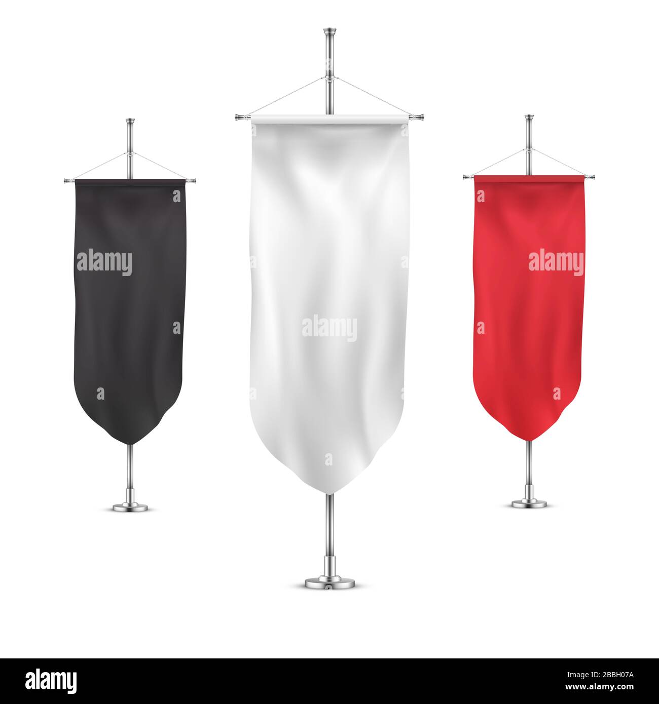 Vertical banners hanging on a metal flagpole white, red and black flags templates Stock Vector