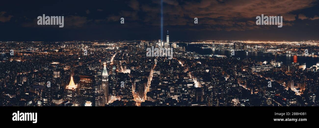 New York City downtown skyline panorama night view with September 11 ...