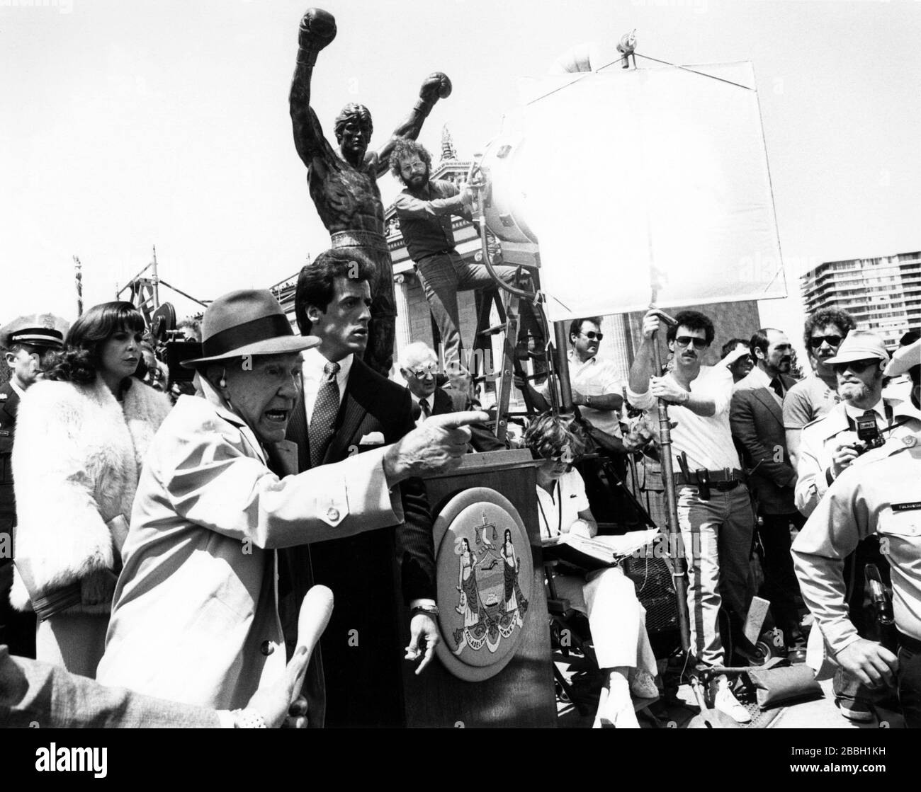 Photograph of Sylvester Stallone and Burgess Meredith filming Rocky III in Philadelphia, PA in 1982.Credit:  Scott Weiner / MediaPunch Photograph of the Premiere of Rocky II at the Philadelphia Museum of Art in Philadelphia, PA in 1979. Stock Photo