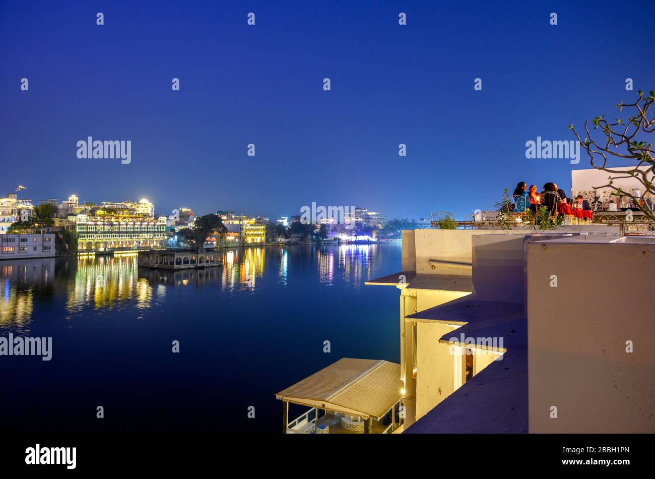 View over Lake Pichola at night from Jagat Niwas Palace Hotel, Old City, Udaipur, Rajasthan, India Stock Photo