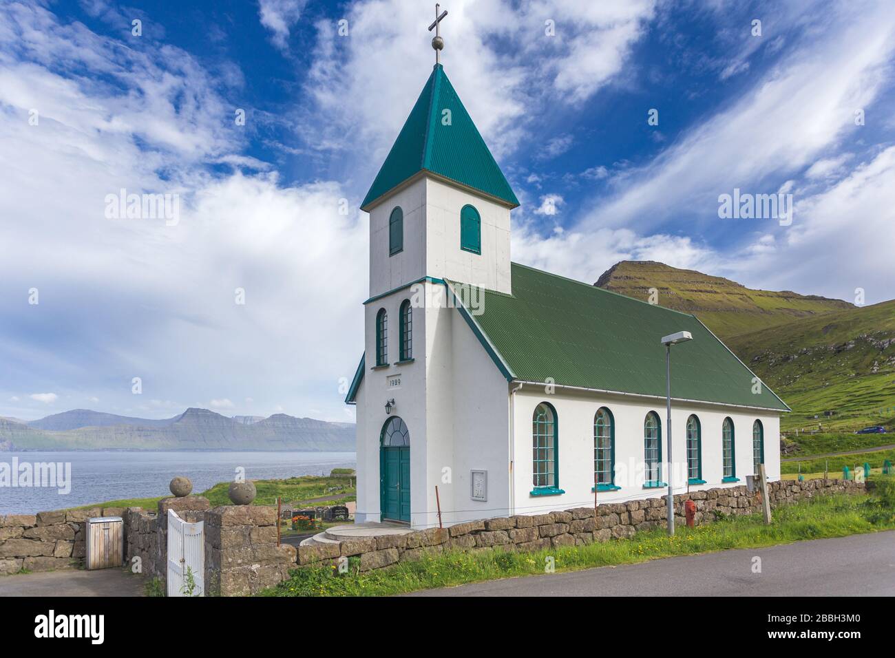 Small white church, Gjógv, Esturoy Island, Faroe Islands Stock Photo