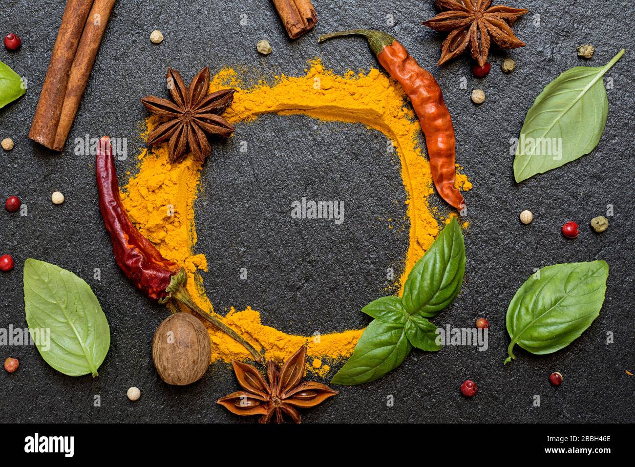 Various spices on granite background Stock Photo