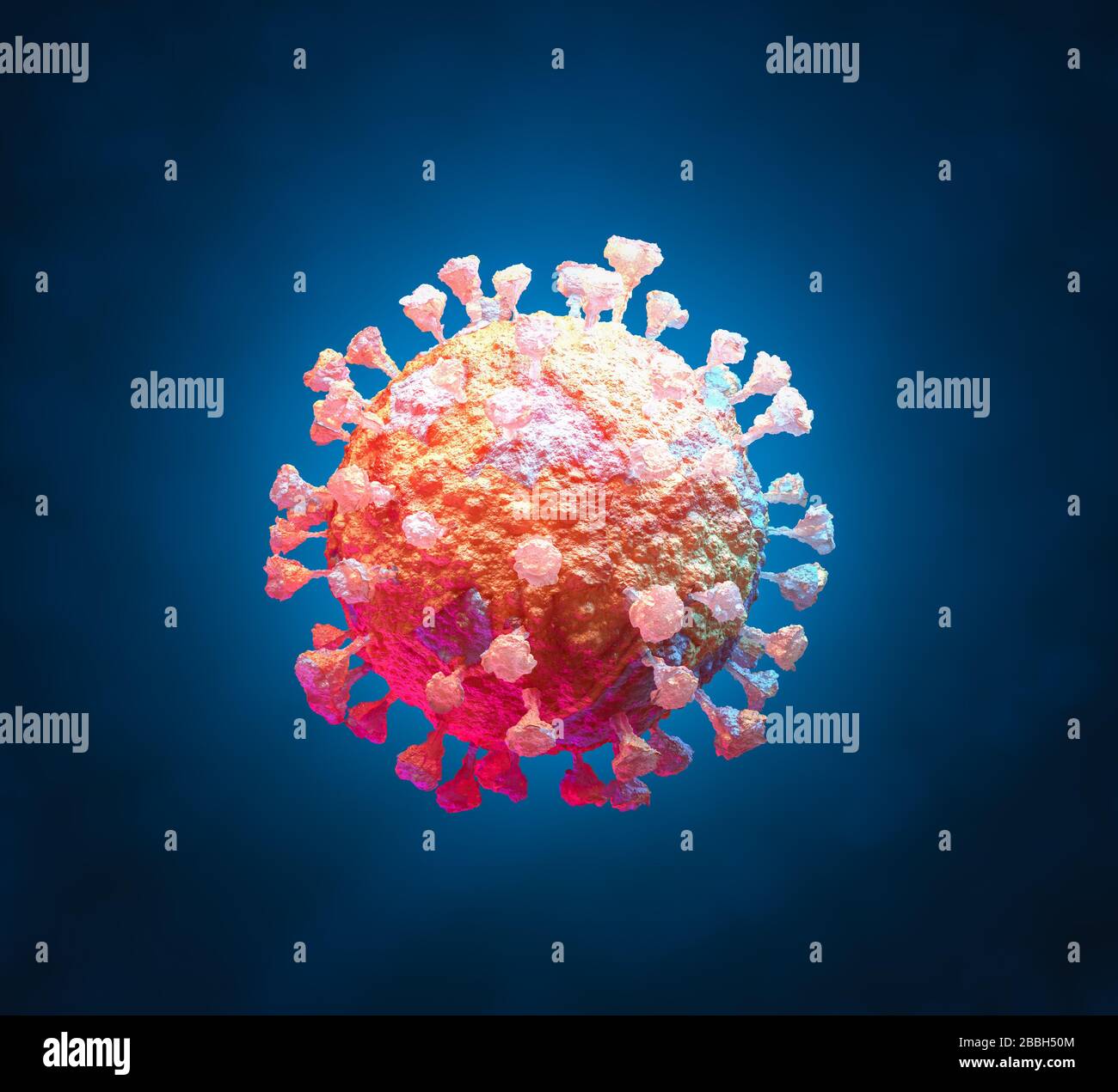 Coronavirus 2019-nCov novel coronavirus outbreak concept background. Microscopic view of floating influenza virus cells. 3D illustration. Stock Photo