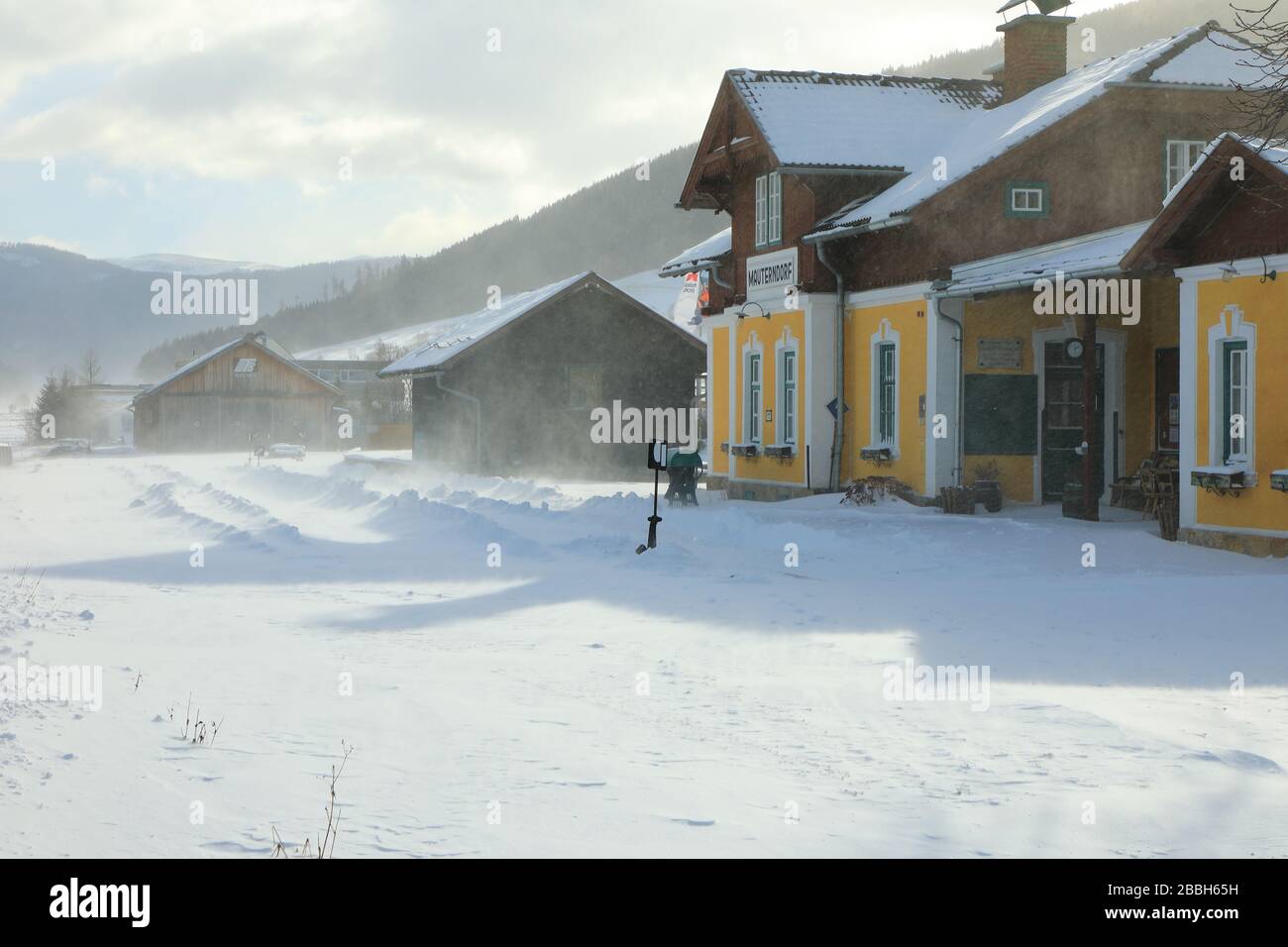 Station Mauterndorf in winter snow storm Stock Photo