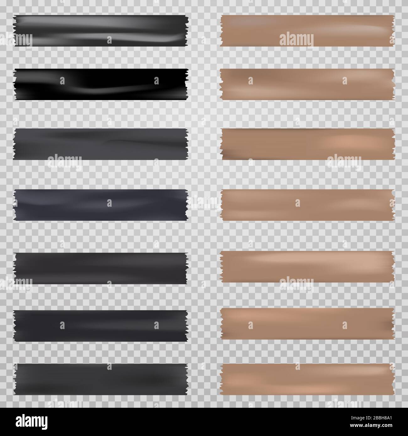 Black, brown different size adhesive, sticky, masking tape, paper pieces are on grey squared background Stock Vector