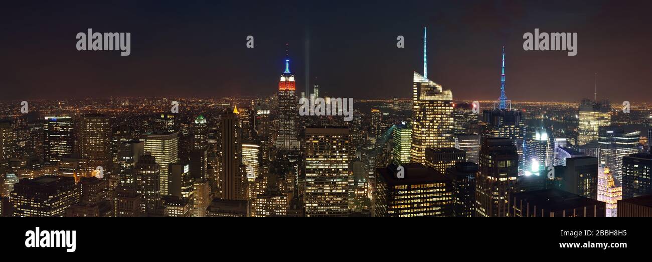 New York City night rooftop view with urban architectures panorama ...