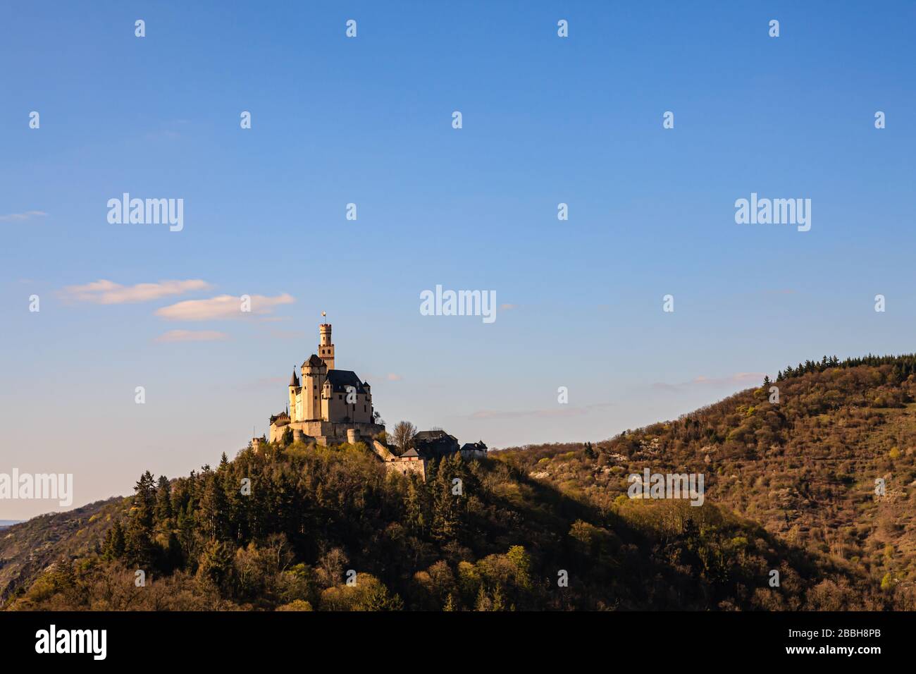 Marksburg castle at dusk in spring, braubach, rhine, germany, world-culture-heritage Stock Photo