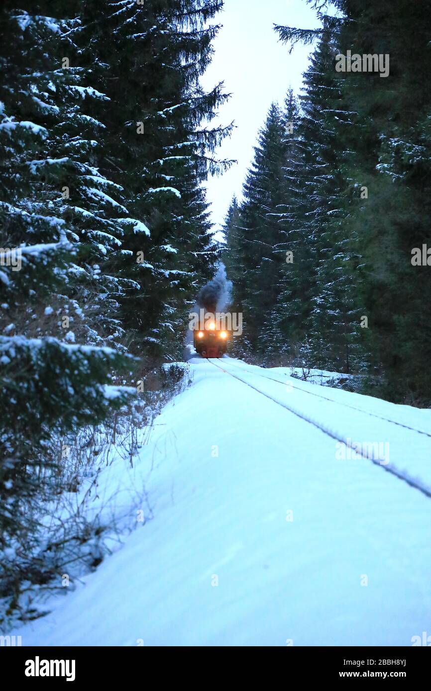 Steam train in winter near Mauterndorf, Austria Stock Photo
