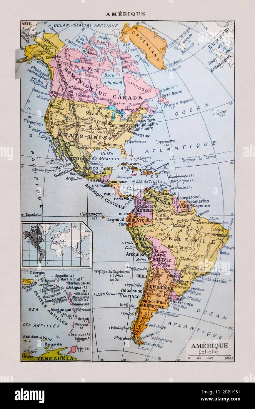 Old map of the Americas printed in the french dictionary 'Dictionnaire complet illustré' by the editor Larousse in 1889. It depicts the Americas in th Stock Photo