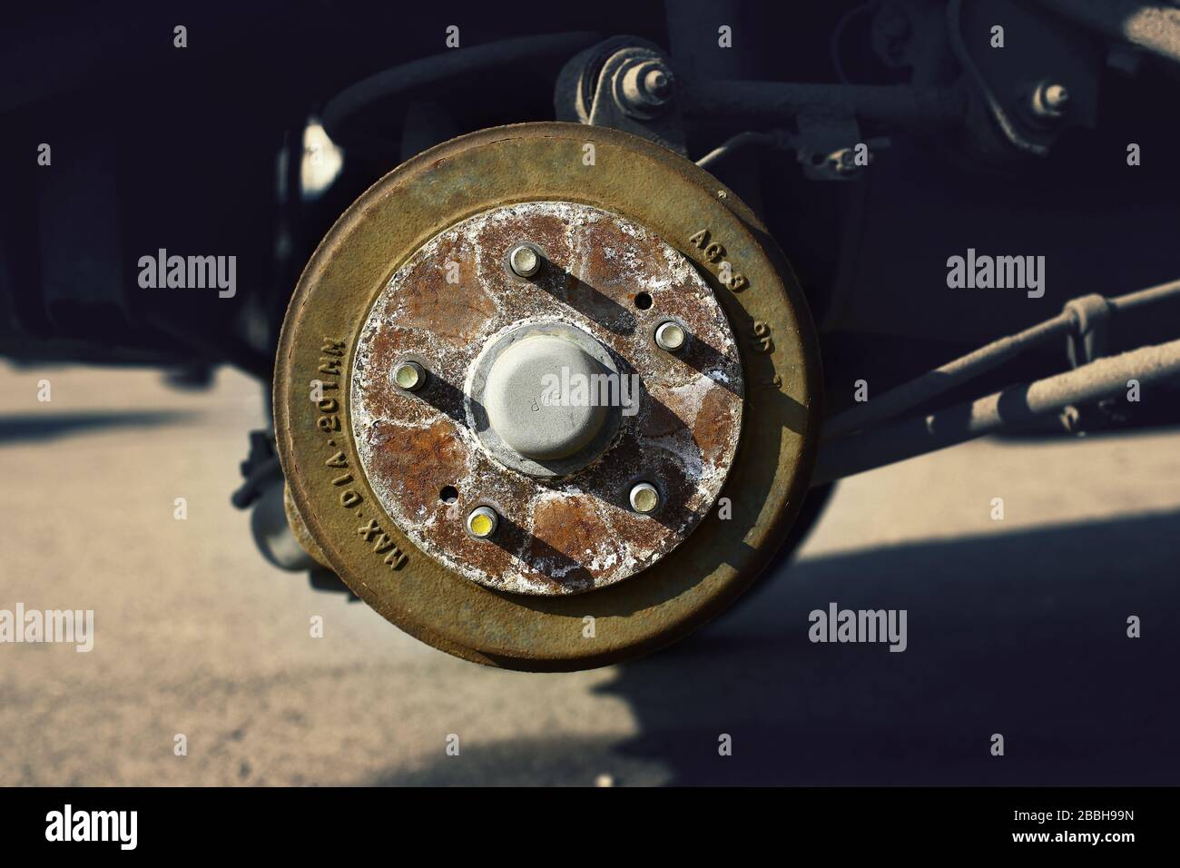 Car brake drum with stopping support without wheels closeup Stock Photo