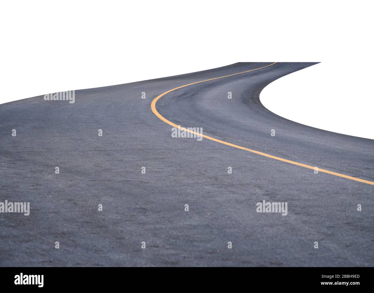 Winding asphalt road with yellow symbol. Isolated on background Stock ...