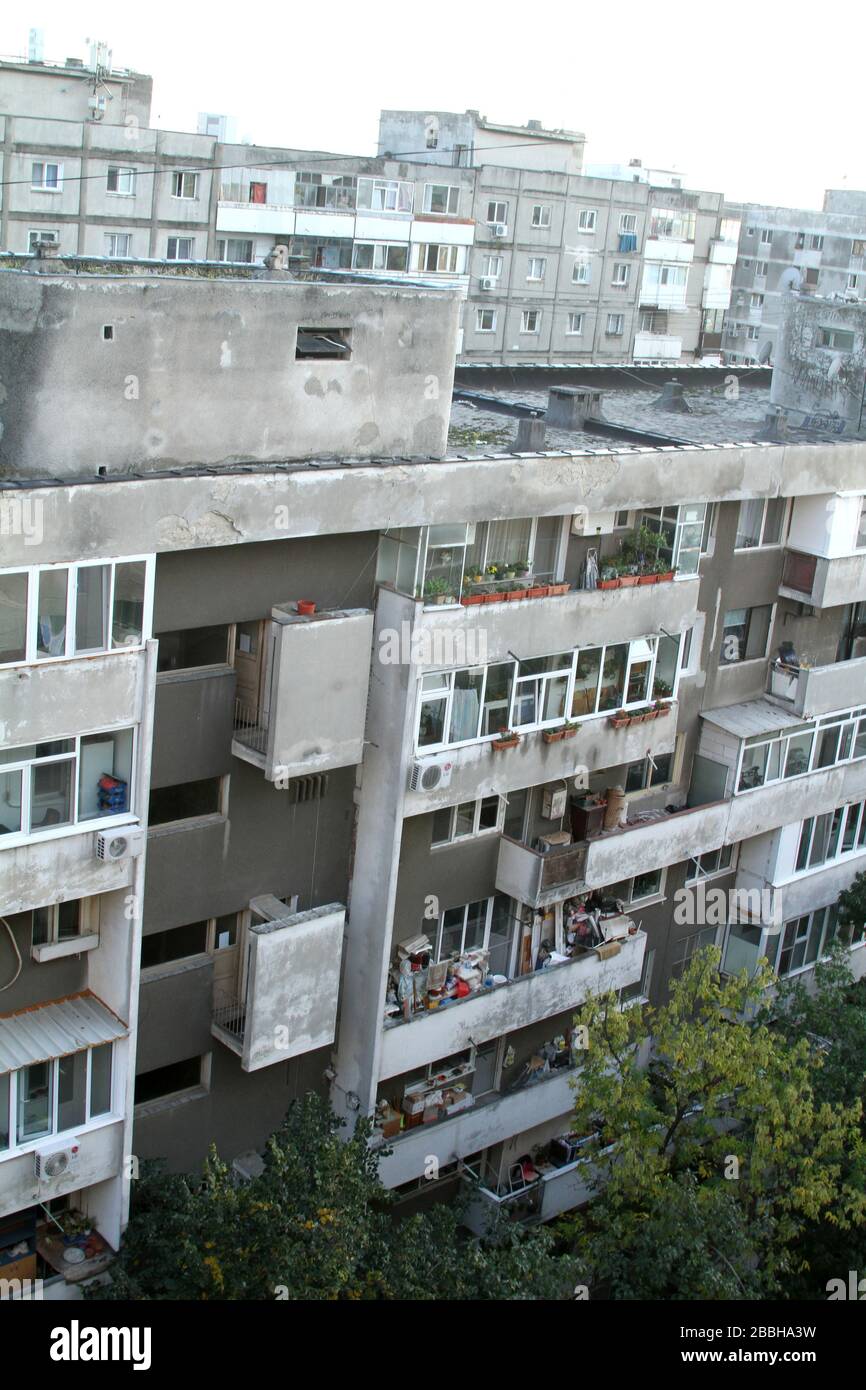 Exterior view of Communist era apartment buildings in Bucharest, Romania Stock Photo