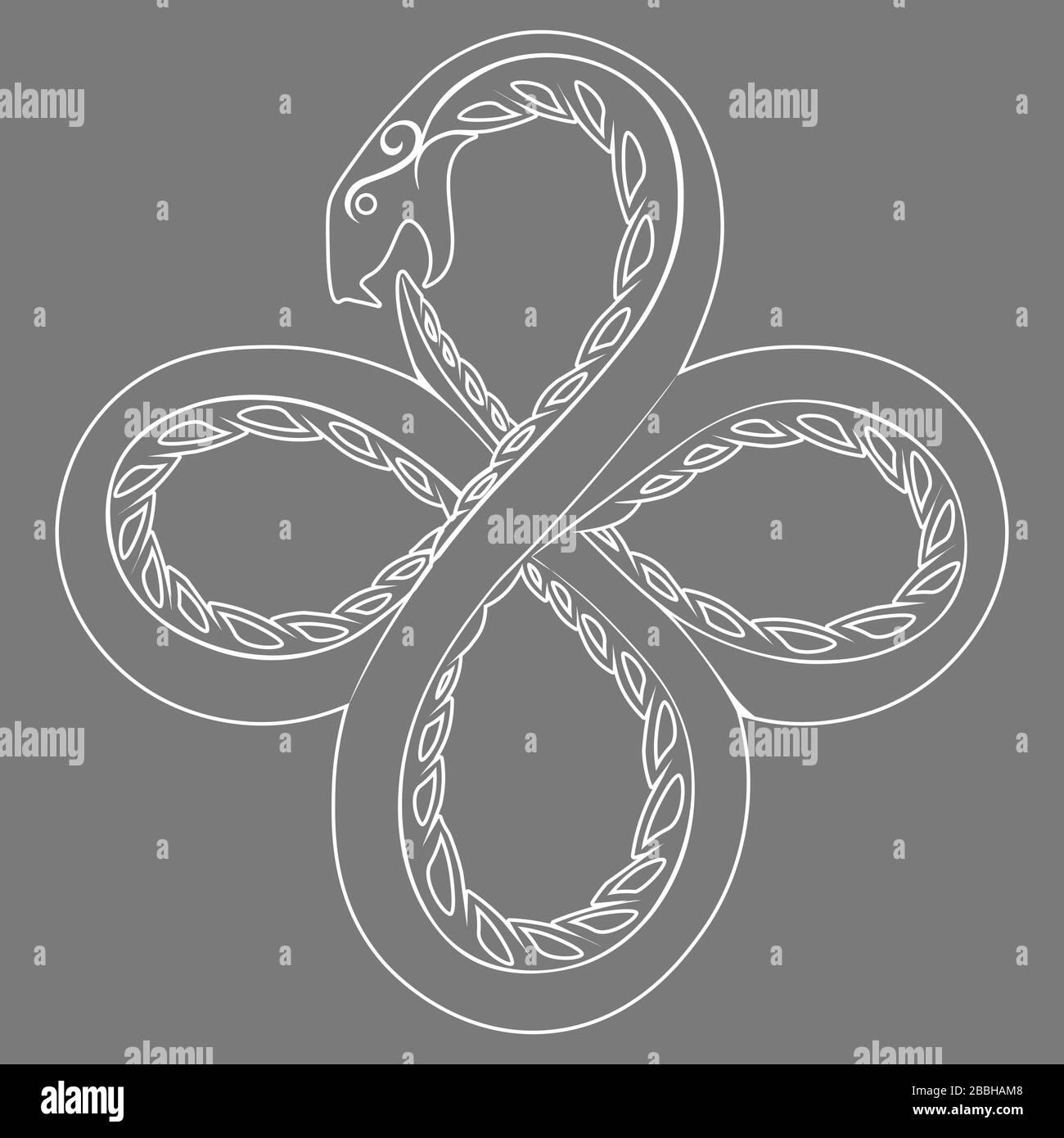 White contour illustration of occult symbol ouroboros serpent on grey background Stock Vector
