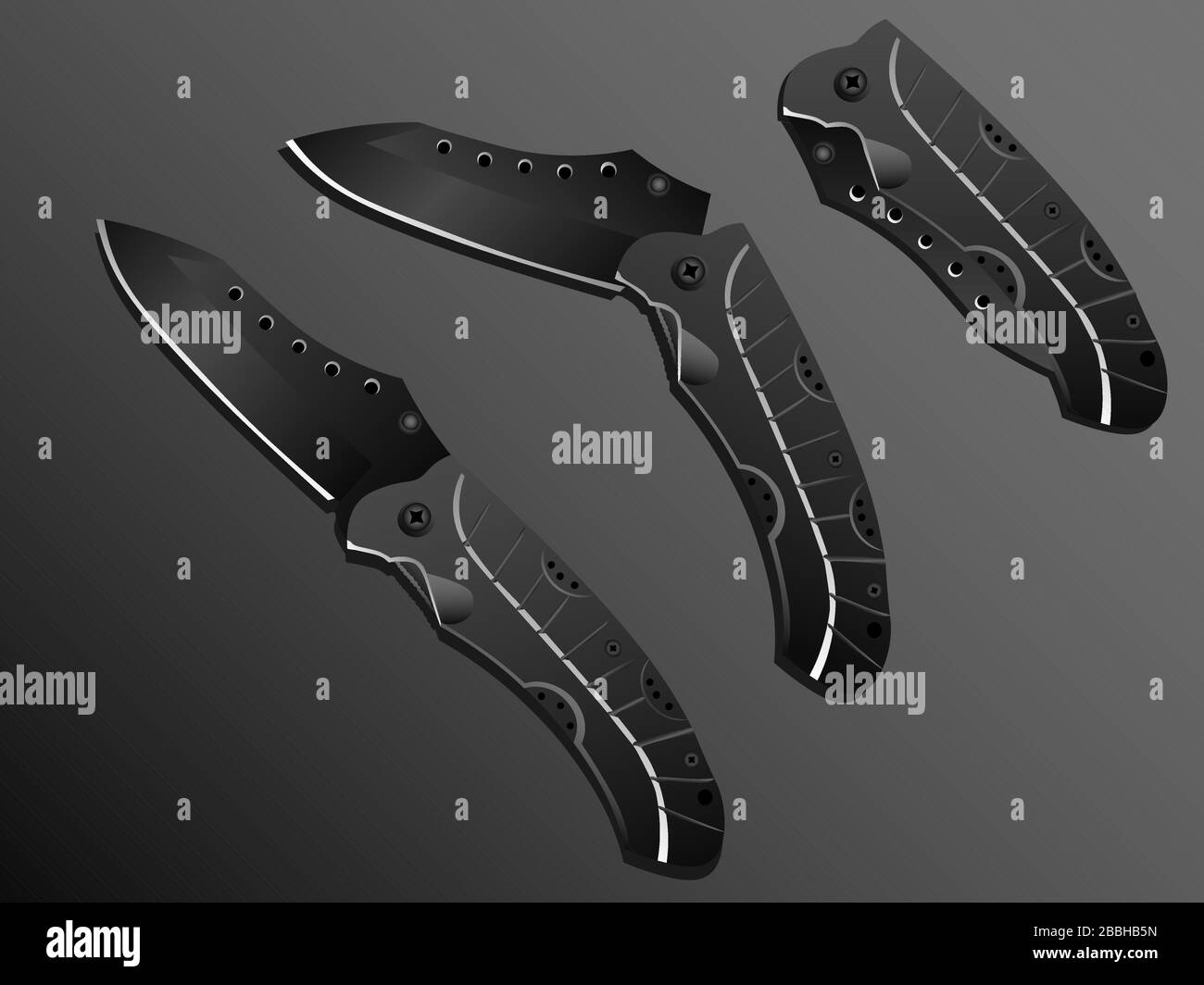 Realistic black folding pocket knife in three different positions on