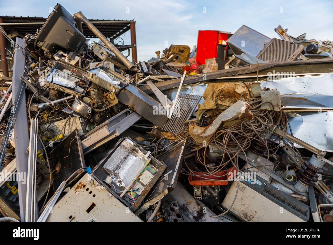 Pile with electronic device parts in a junkyard near Sierra de Fuentes, Extremadura, Spain. Stock Photo