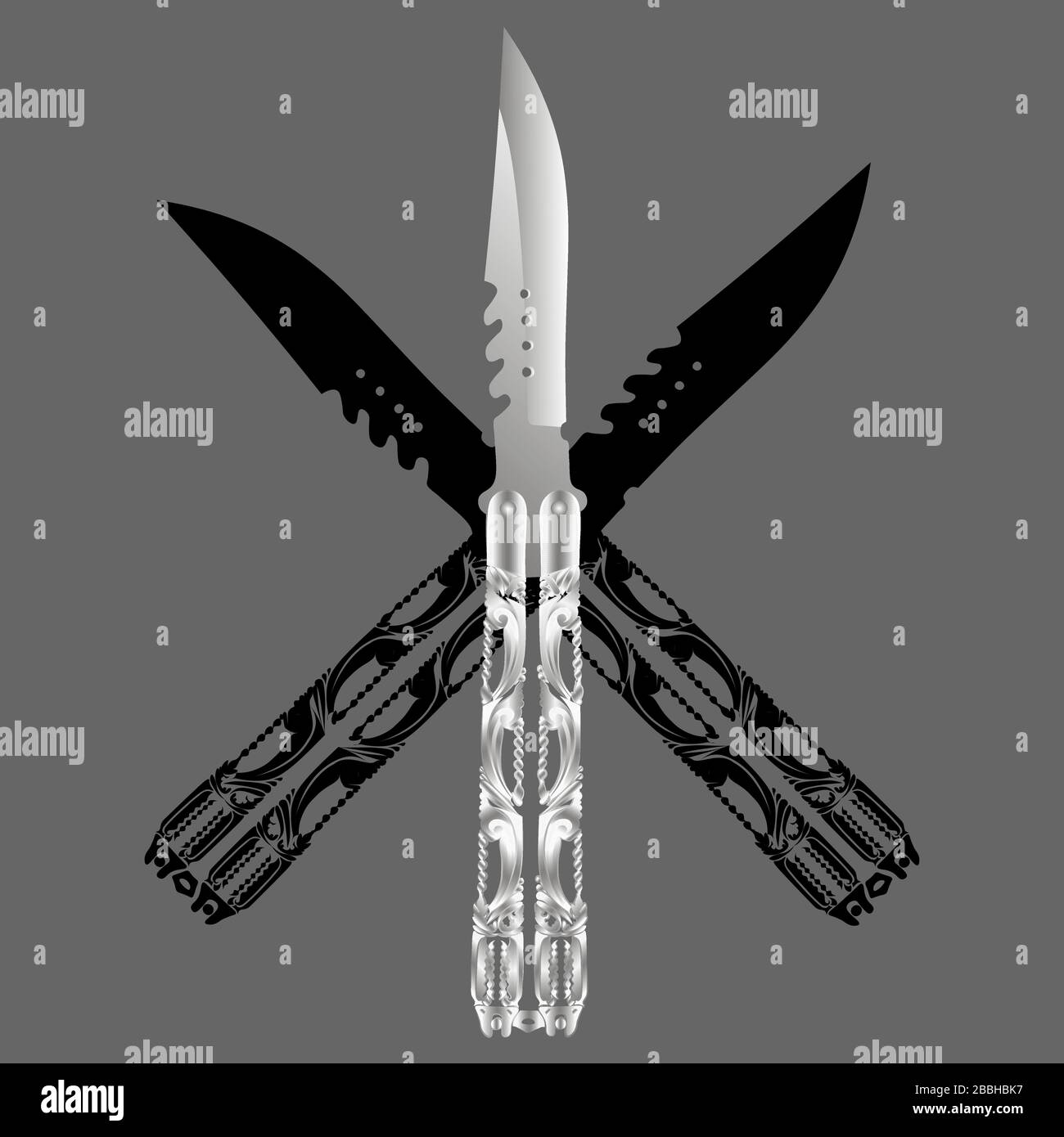 Realistic elegant silver balisong or butterfly knife and its crossed  shadows on grey background Stock Vector Image & Art - Alamy