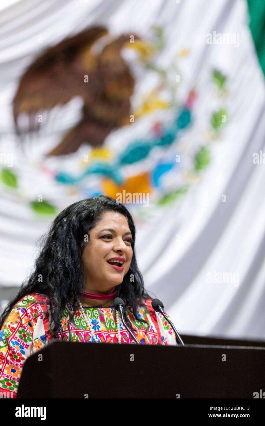Alejandra Frausto, Mexican Culture Minister, addresses the federal Congress in Mexico City. Stock Photo
