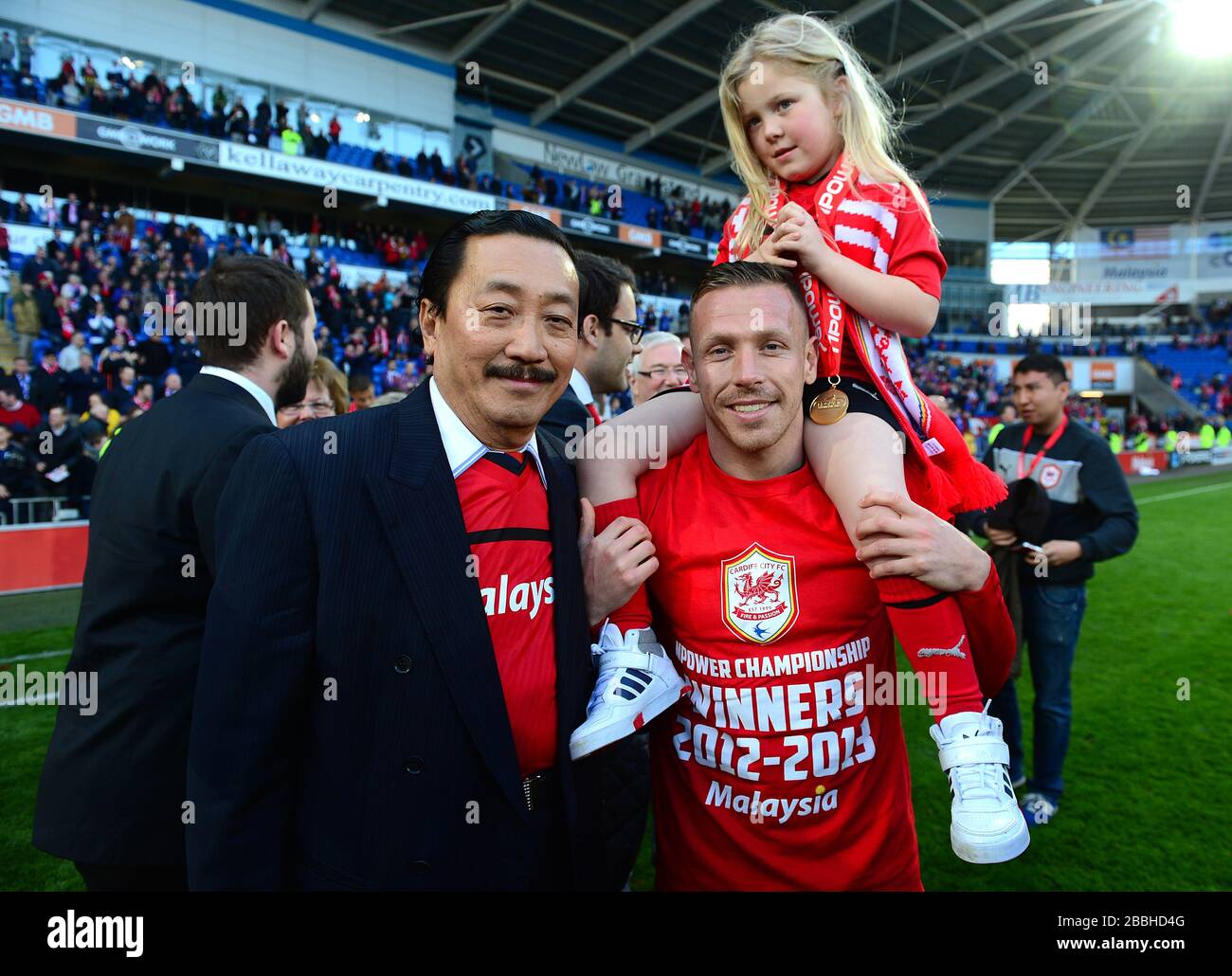 Cardiff City Chairman Vincent Tan and Craig Bellamy (right) celebrate winning the npower Football League Championship Stock Photo