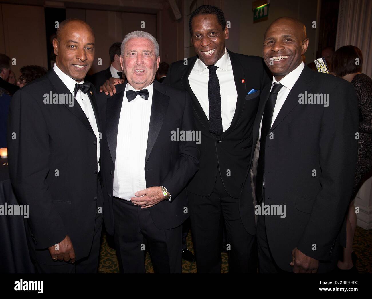Brendon Batson (left), Bobby Campbell (second left), Ken Monkou (second right) and Luther Blissett (right) pose for a photograph during the PFA Player of the Year Awards 2013 at the Grosvenor House Hotel, London. Stock Photo