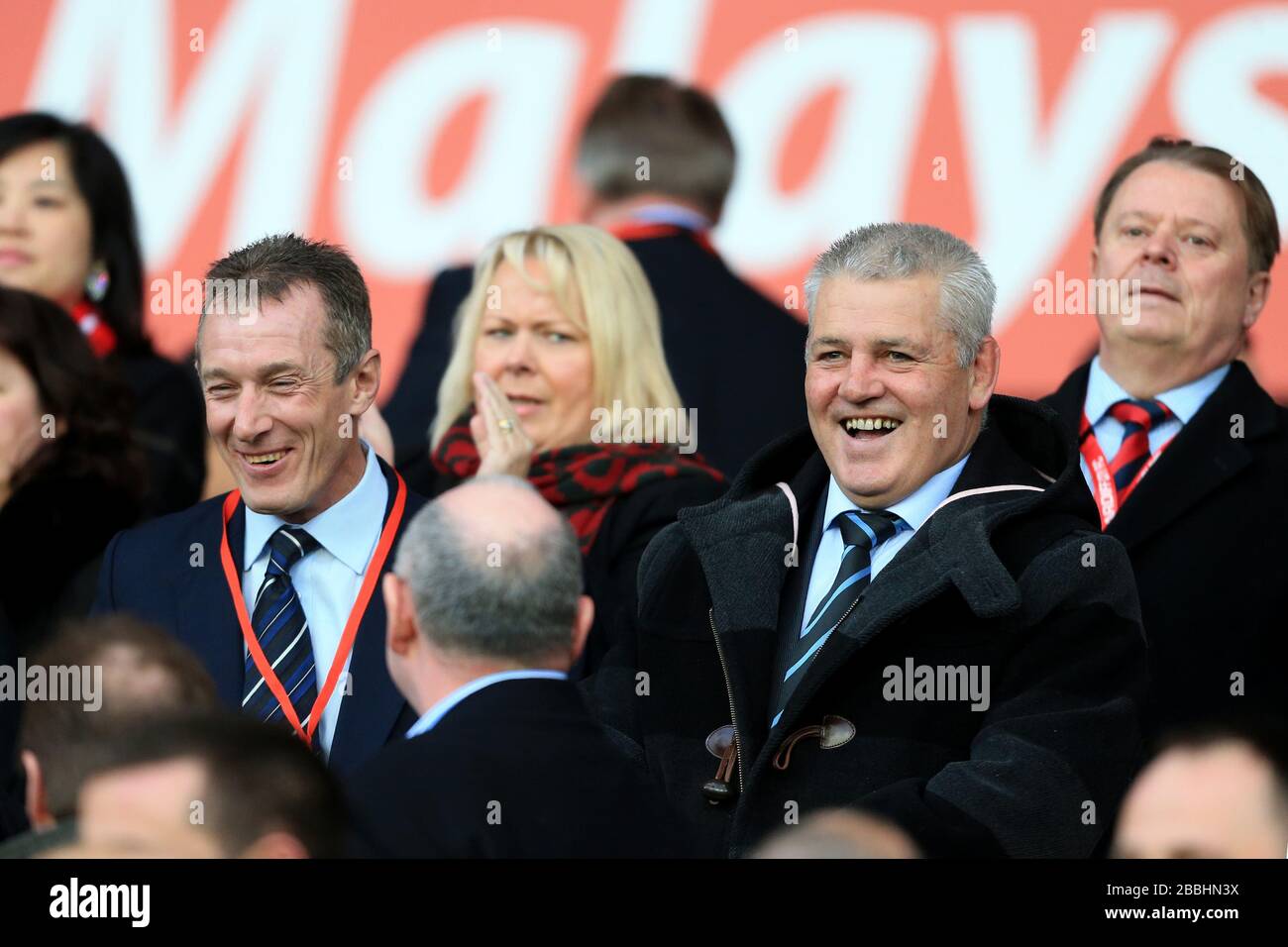 Wales Rugby Union coach Rob Howley (left) with British Lions coach Warren Gatland (right) in the stands Stock Photo
