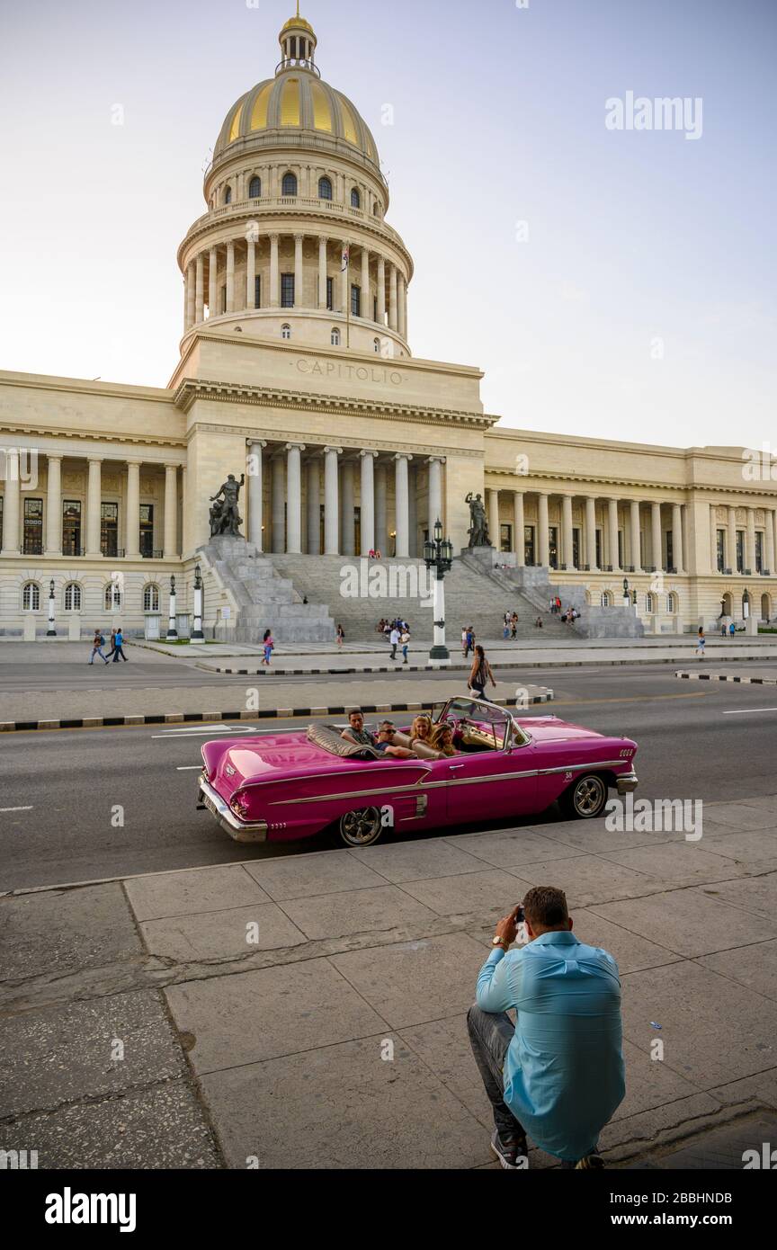 Classic car, El Capitolio, or the National Capitol Building, Havana, Cuba Stock Photo