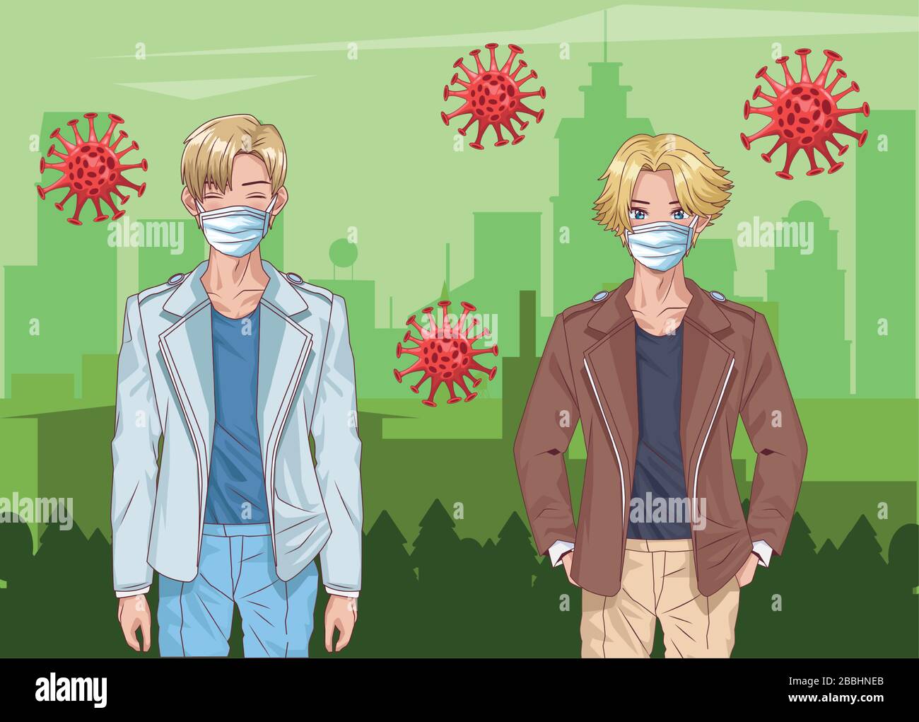 boys with face masks and covid19 particles on the city Stock Vector ...