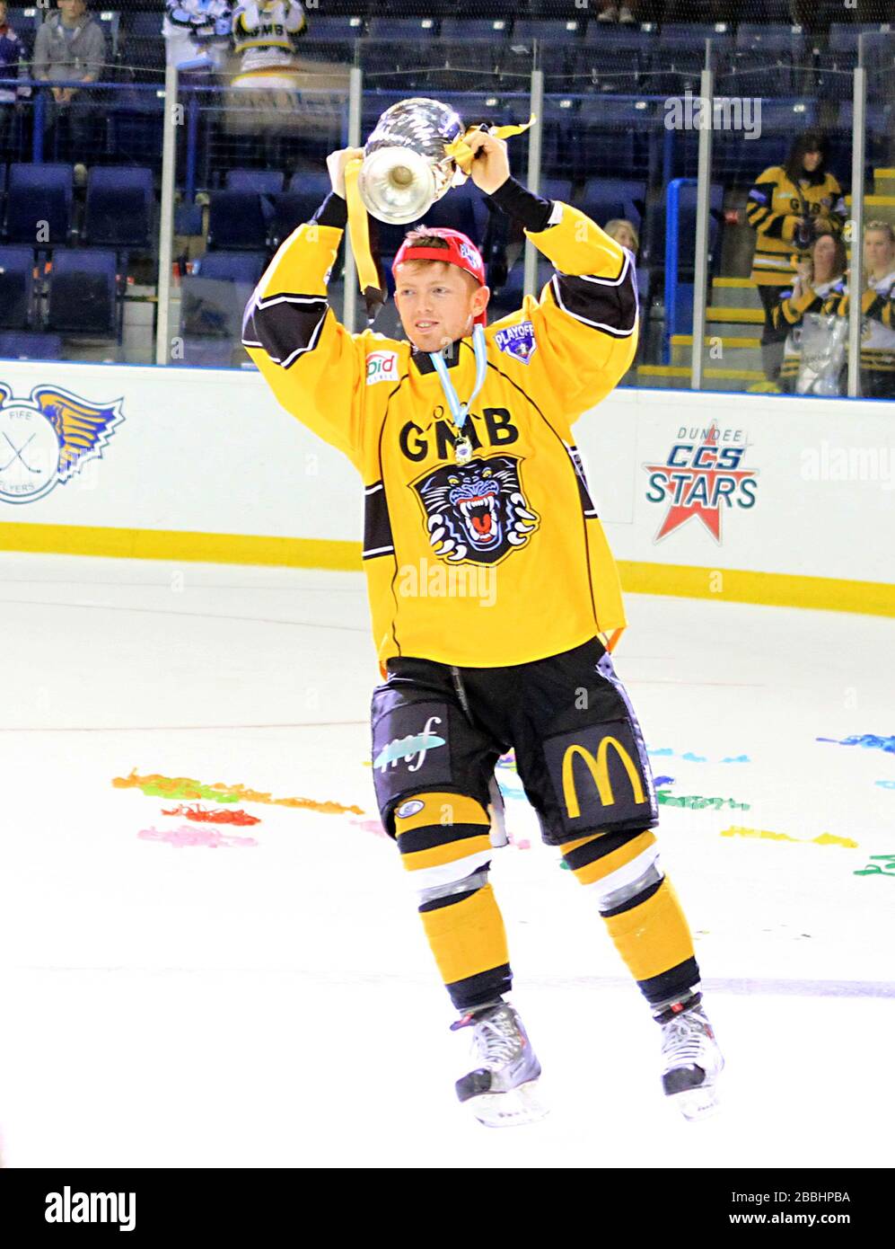 Nottingham Panthers' Tom Norton celebrate winning the Elite League Play-Offs Stock Photo