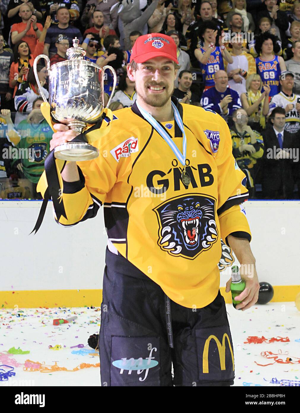 Nottingham Panthers' Matthew Myers celebrate winning the Elite League Play-Offs Stock Photo