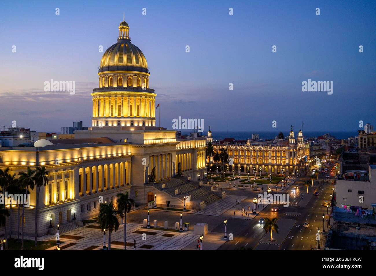 Twilight, El Capitolio, or the National Capitol Building, looking down the Paseo del Prado, Havana, Cuba Stock Photo