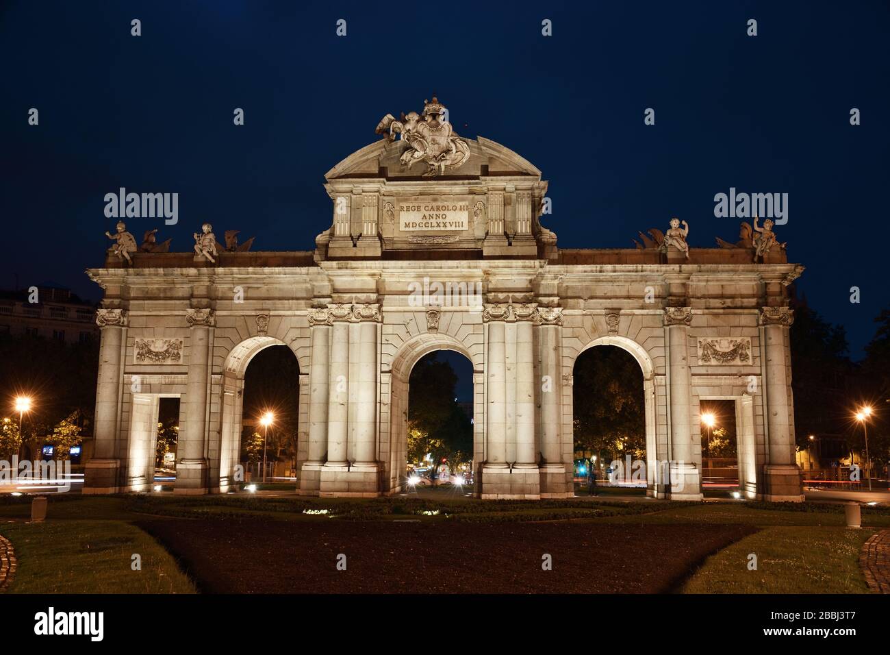 Puerta de Alcala or Alcala Gate at night closeup view in Madrid Spain. Stock Photo