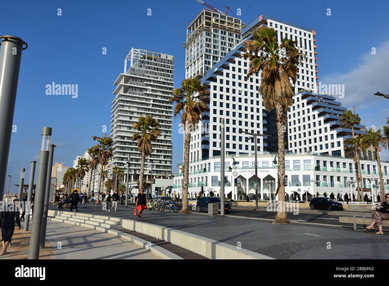 Tel Aviv's boardwalk, The Tayelet, is generally packed all day with joggers, bicyclists, and Tel Avivians just enjoying the beautiful sea side view Stock Photo