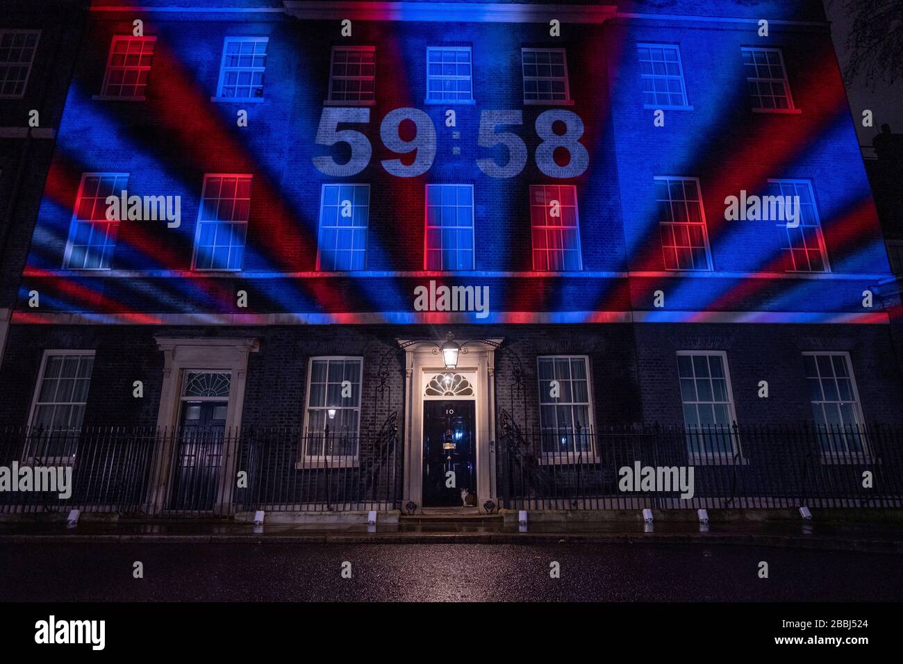 Brexit eve 31st of January 2020.  Pro Brexit supporters celebrate the final hours of being in the EU as the clock counts down to the United Kingdom leaving the European Union.  Pictured, the exterior of No 10 Downing St is lite up with a count down clock and light show.          by Gavin Crilly Photography, NO SALES, NO SYNDICATION contact for more information mob: 07810638169 web: www.pressphotographergloucestershire.co.uk email: gavincrilly@gmail.com    The photographic copyright (© 2015) is exclusively retained by the works creator at all times and sales, syndication or offering the work fo Stock Photo