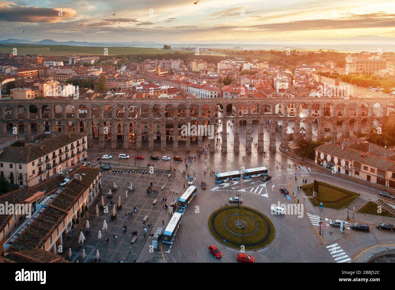 Segovia ancient Roman Aqueduct aerial sunrise view in Spain Stock Photo ...