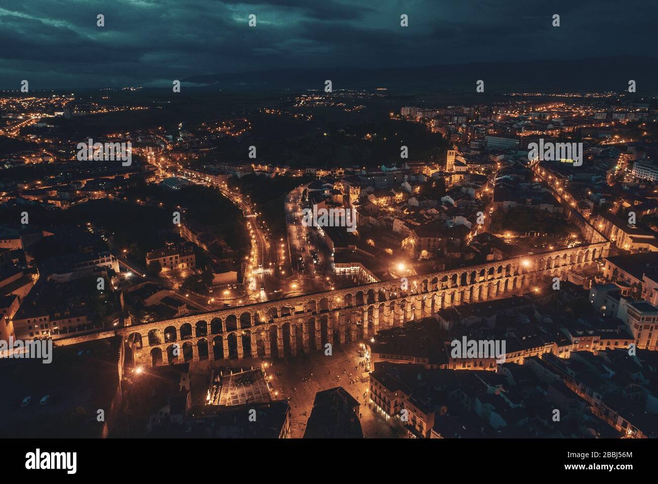 Segovia ancient Roman Aqueduct aerial view at night in Spain Stock ...