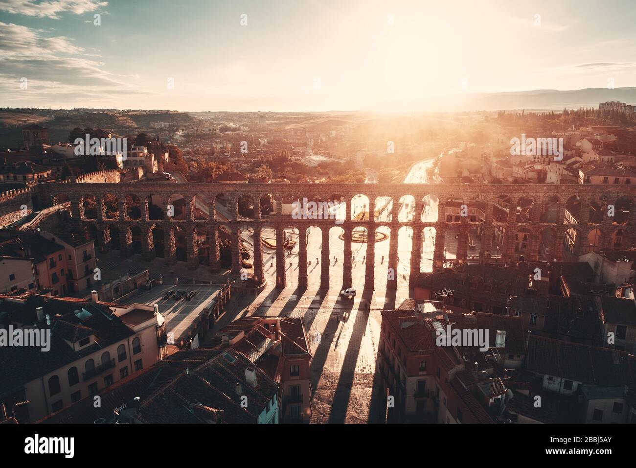 Segovia ancient Roman Aqueduct aerial sunrise view in Spain Stock Photo ...
