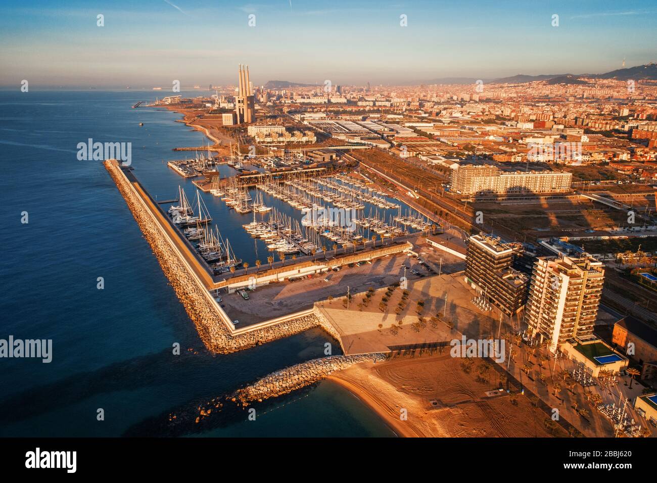 Barcelona coast pier aerial view in Spain at sunrise Stock Photo