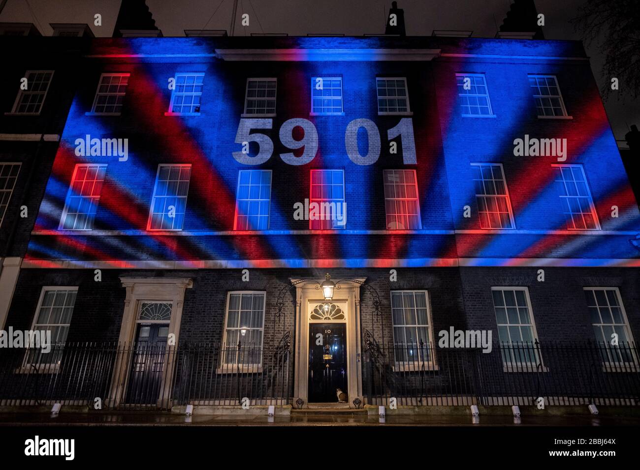 Brexit eve 31st of January 2020.  Pro Brexit supporters celebrate the final hours of being in the EU as the clock counts down to the United Kingdom leaving the European Union.  Pictured, the exterior of No 10 Downing St is lite up with a count down clock and light show.          by Gavin Crilly Photography, NO SALES, NO SYNDICATION contact for more information mob: 07810638169 web: www.pressphotographergloucestershire.co.uk email: gavincrilly@gmail.com    The photographic copyright (© 2015) is exclusively retained by the works creator at all times and sales, syndication or offering the work fo Stock Photo