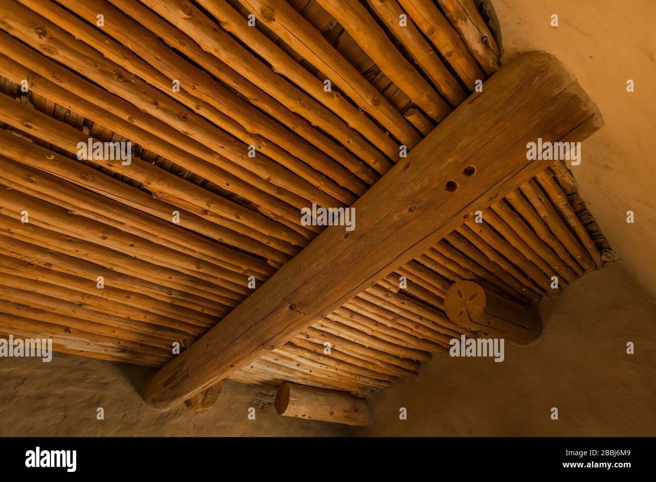 Ceiling details of vigas and latillas in a room within Pueblo Bonito in