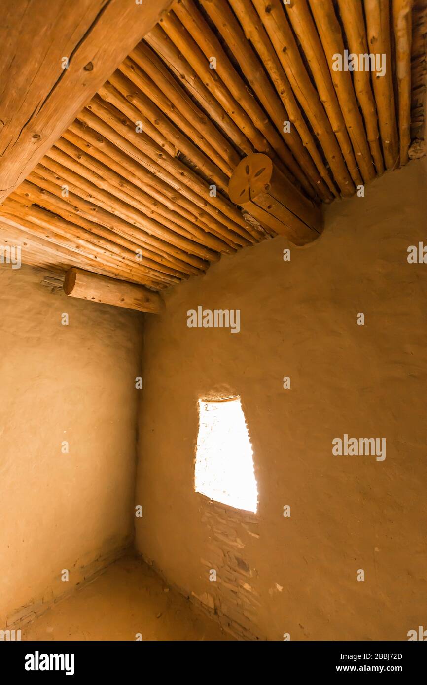 Ceiling details of vigas and latillas in a room within Pueblo Bonito in