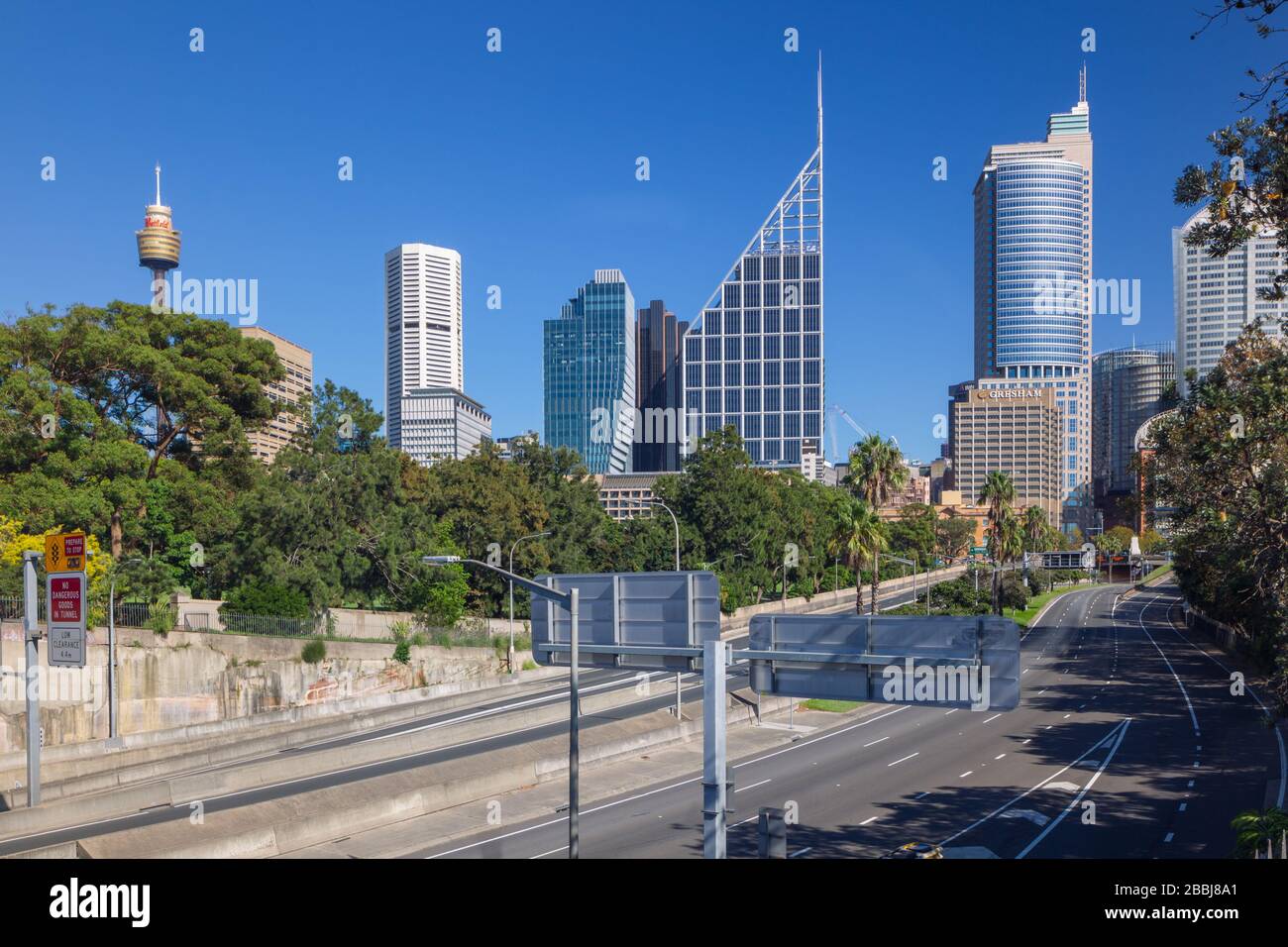 CBD highrise buildings in Sydney, Australia, with usuallybusy roadways
