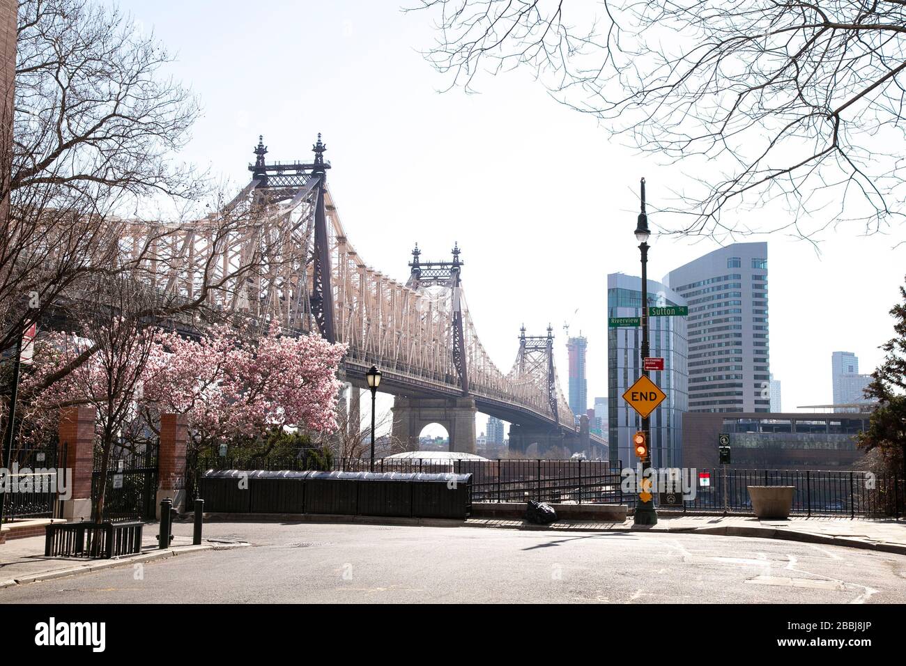 The end of East 58th Street with a view of the Queensboro Bridge. Stock Photo