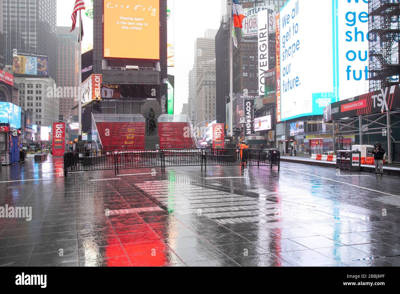 The bleachers at TKTS in Times Square are closed off due to coronavirus pandemic. Stock Photo