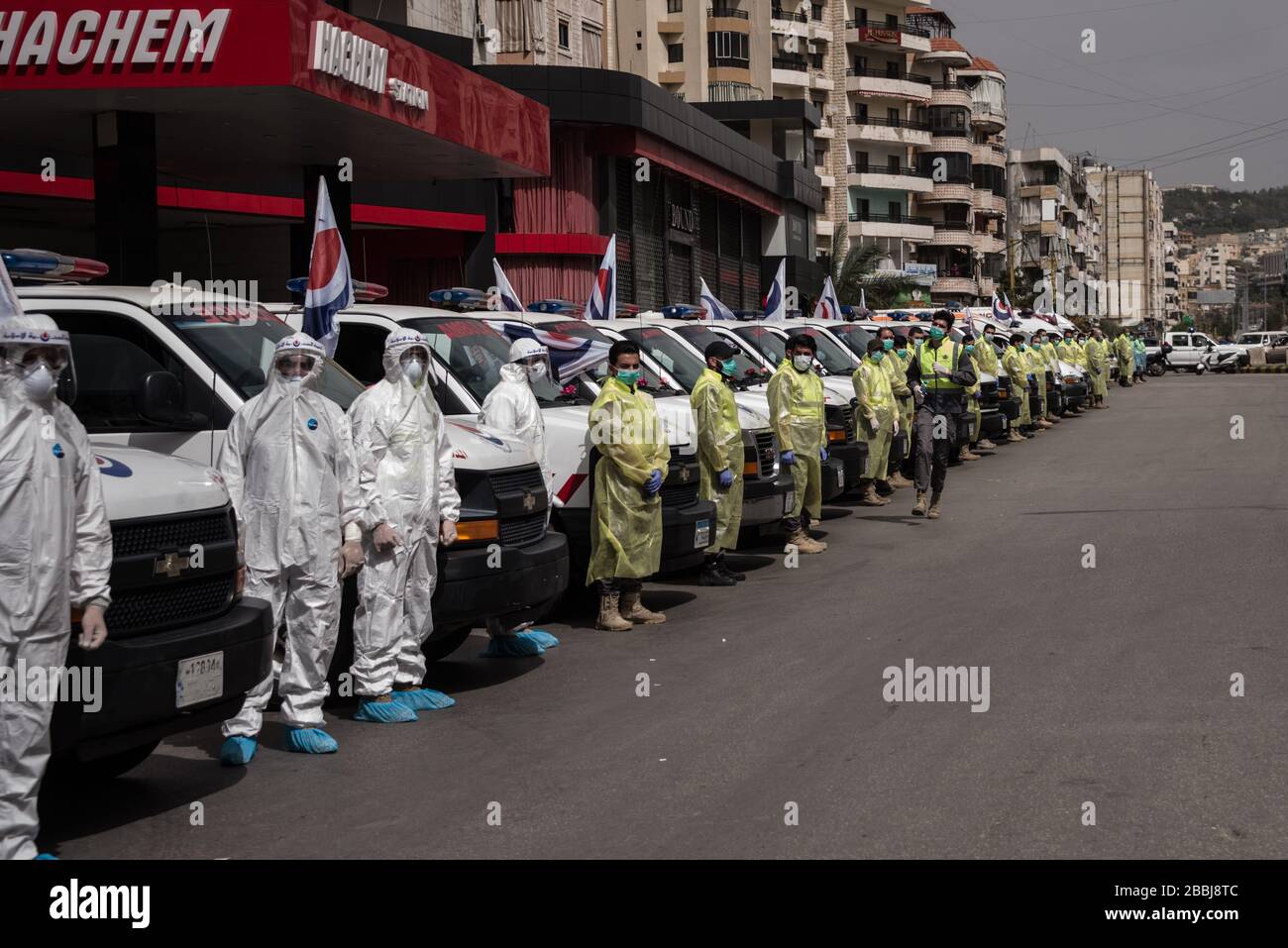 Beirut, Lebanon, 31 March 2020. Hezbollah ambulances ready to respond to the covid19 pandemic in Beirut's southern suburbs. Elizabeth Fitt Credit: Elizabeth Fitt/Alamy Live News Stock Photo