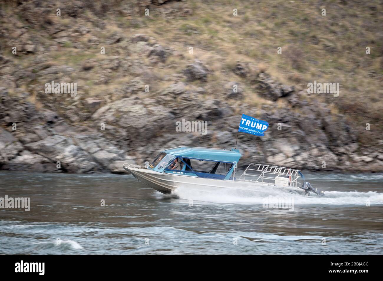 Jet boat with Trump flag on the Snake River in Hells Canyon, Oregon/Idaho. Stock Photo