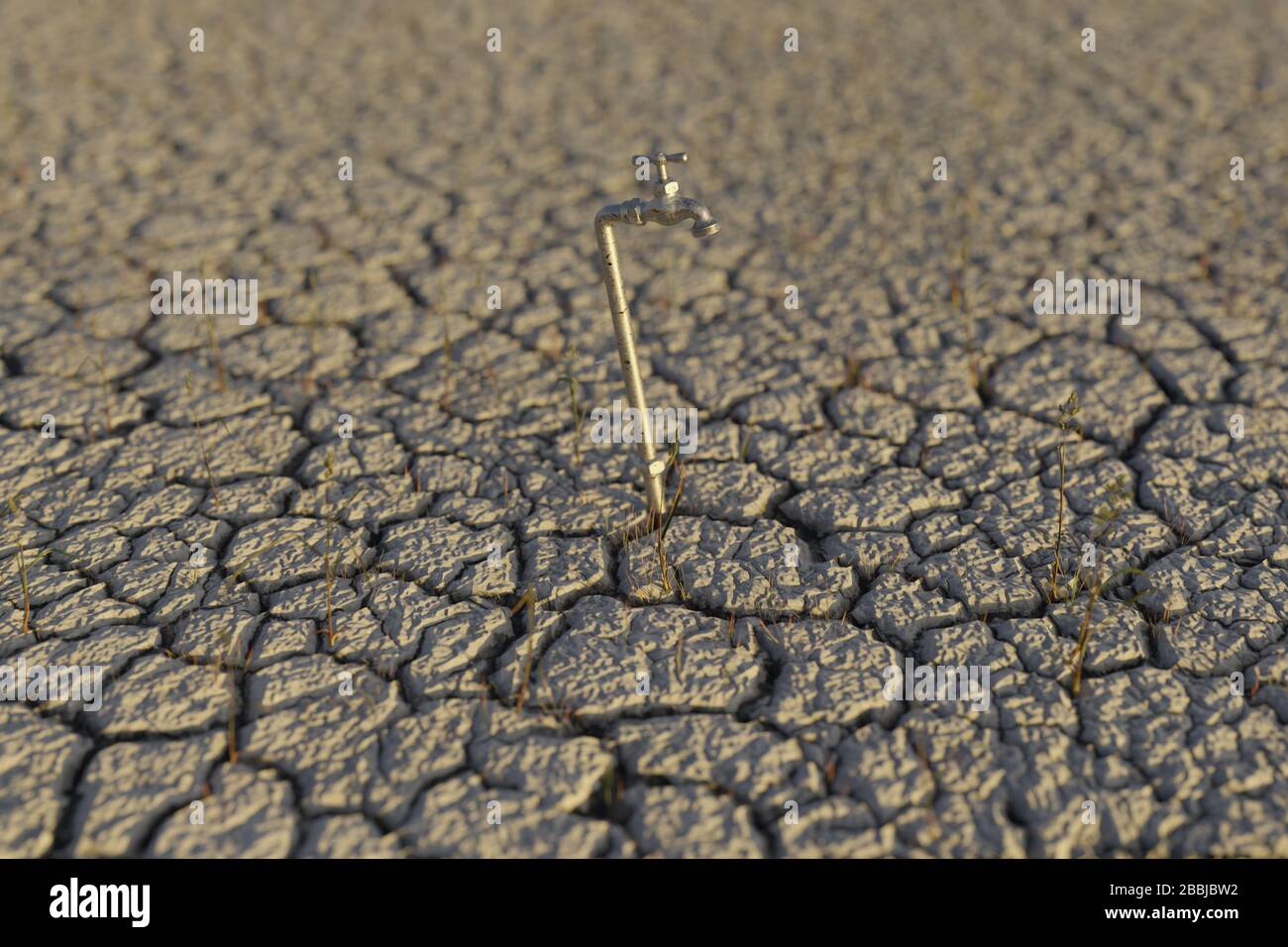 3d rendering of dry earth landscape with spigot in the evening sunlight. Concept of water shortage Stock Photo