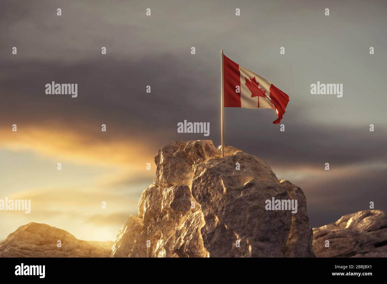 3d rendering of waving Canadian flag on rocky landscape in the evening sunlight Stock Photo