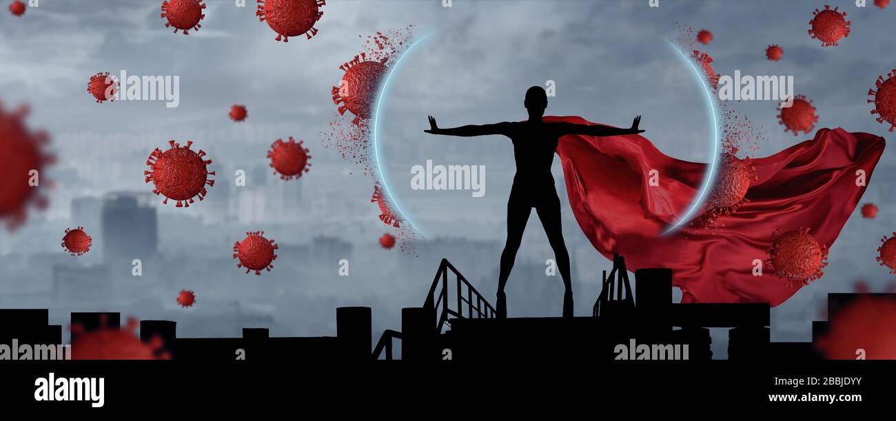 Concept of medical doctors fighting against global pandemic virus. Abstract silhouette portrait of young hero woman with super person red cape protect Stock Photo