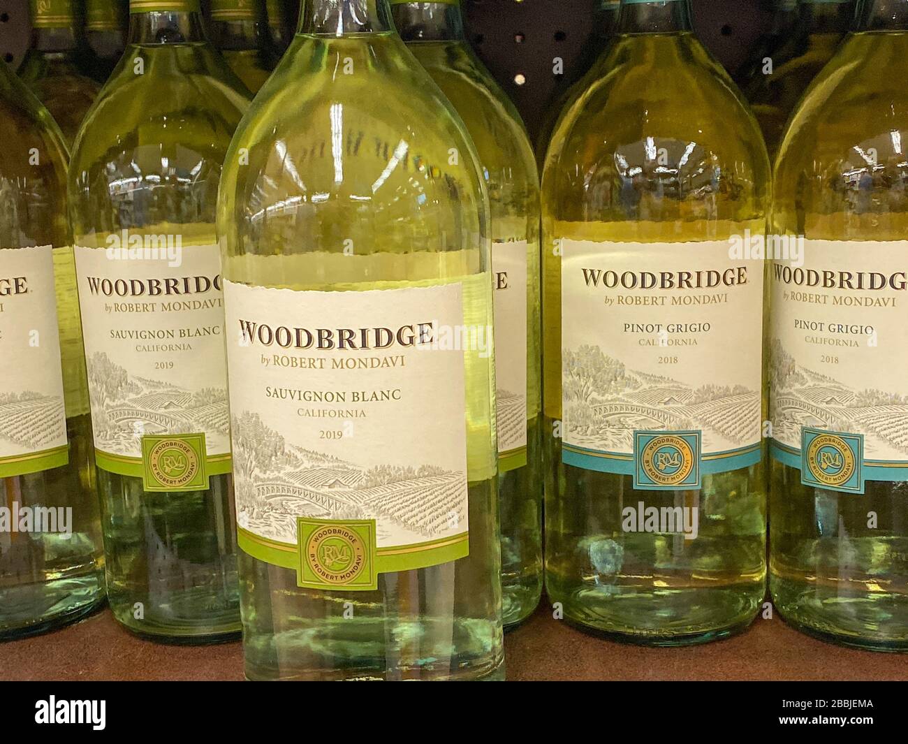 Atlanta, GA/USA-3/21/20:  Bottles of Robert Mondavi Woodbridge Chardonnay Wine at a Kroger Grocery Store. Stock Photo